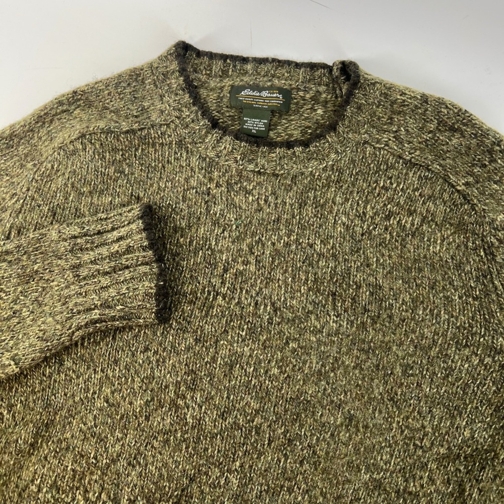 Eddie Bauer Mens XL Lambswool Blend Crewneck Sweater Olive Green Marl Raglan
